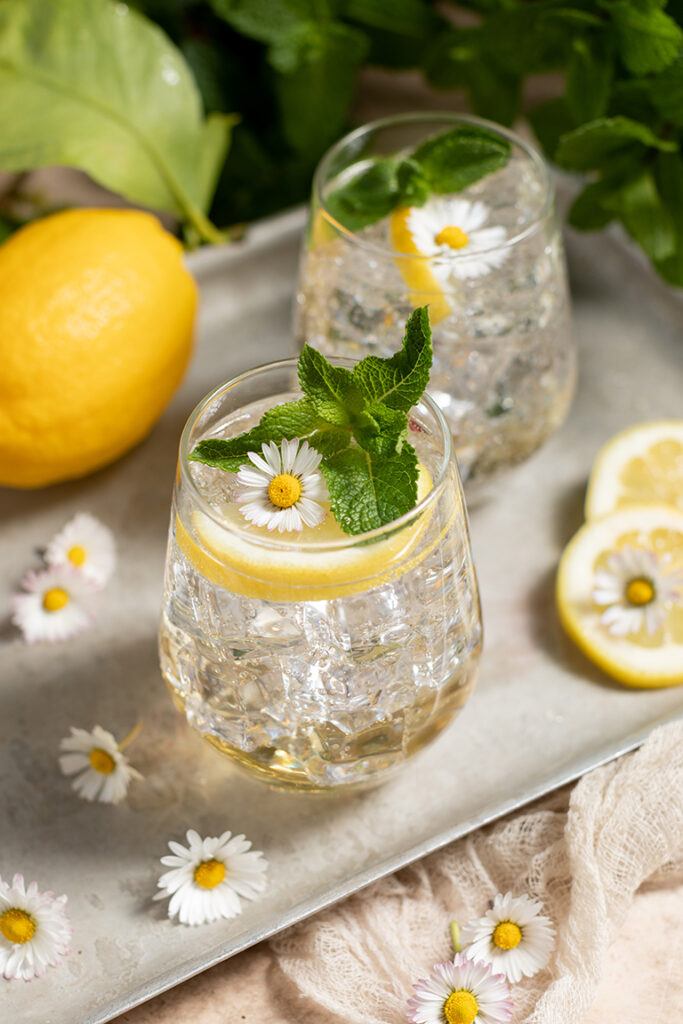Selbst gemachter Gaensebluemensirup mit Mineralwasser verduennt als Erfrischungsgetraenk